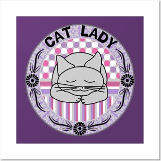 Cat Lady Pink Pattern Oval Posters and Art